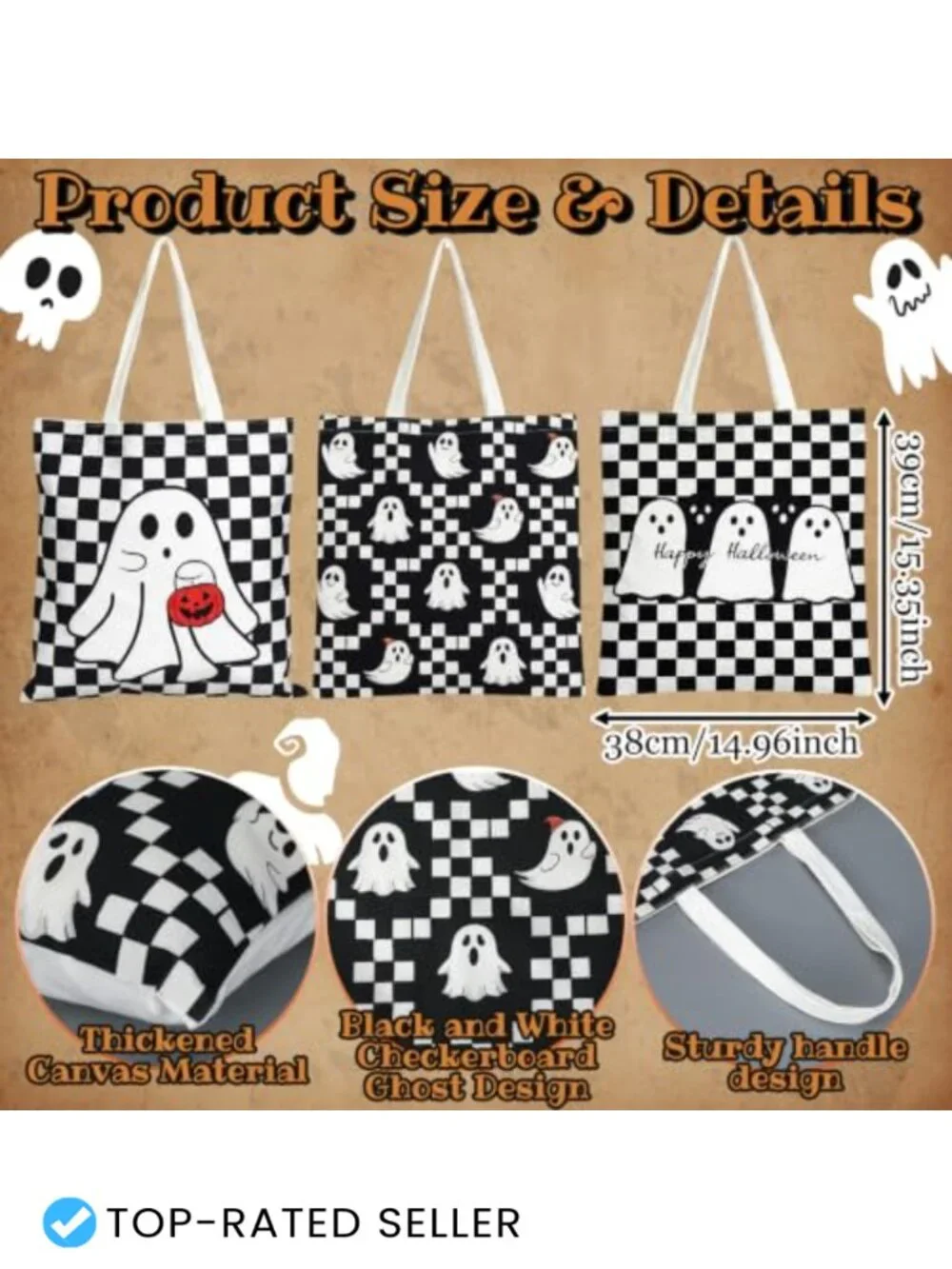 Set of 3 Halloween Checkerboard Ghost Tote Bags Canvas Trick or Treat Candy